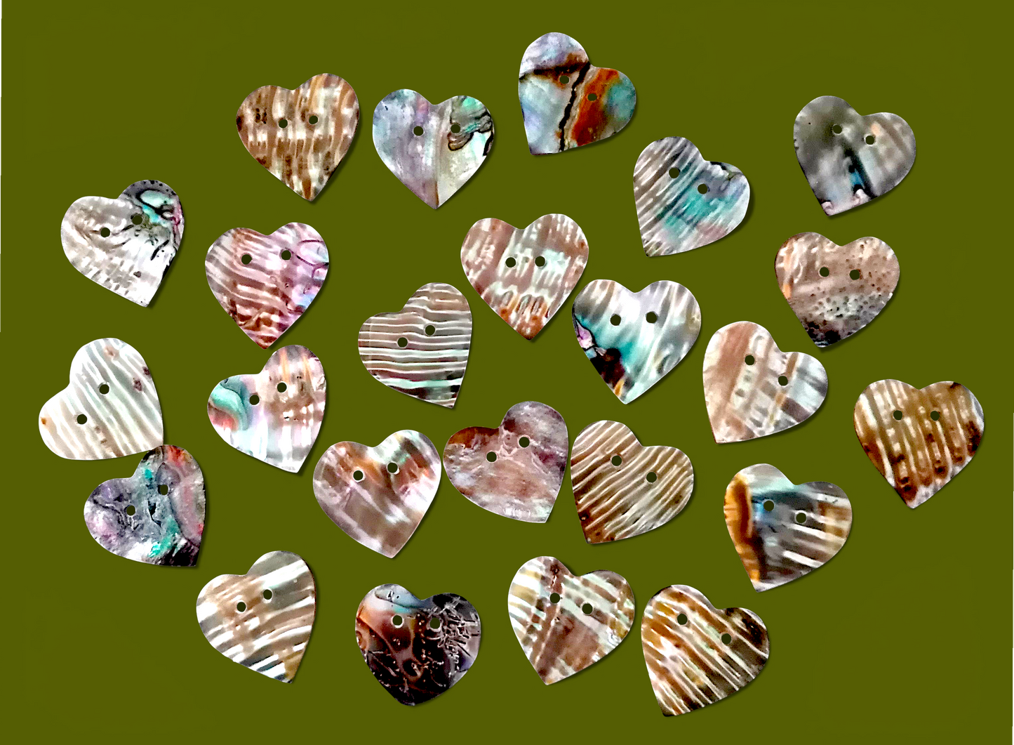 #2298 Green Abalone Seashell Heart Buttons 3/4"