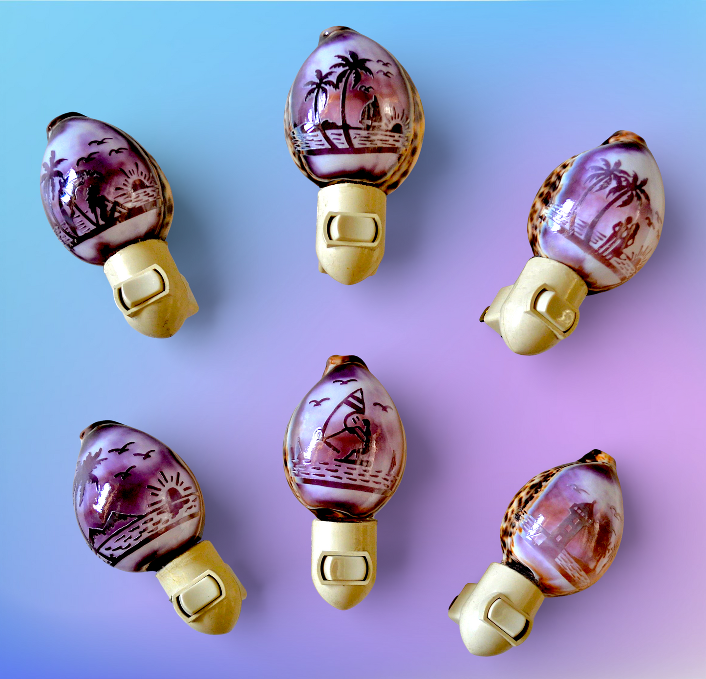 #7237 Tiger Cowrie Nightlight Carved with Scenery Design 4"- 5"