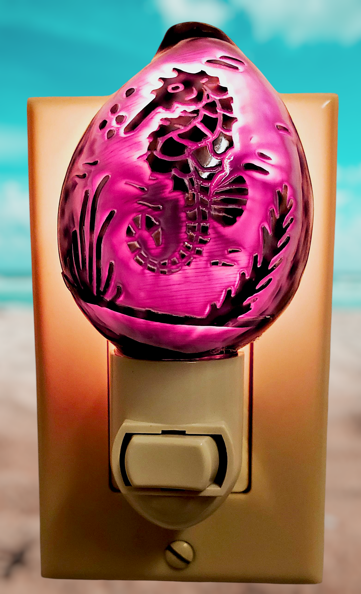 #7856 Tiger cowrie carved "Seahorse" nightlight 4"- 5"