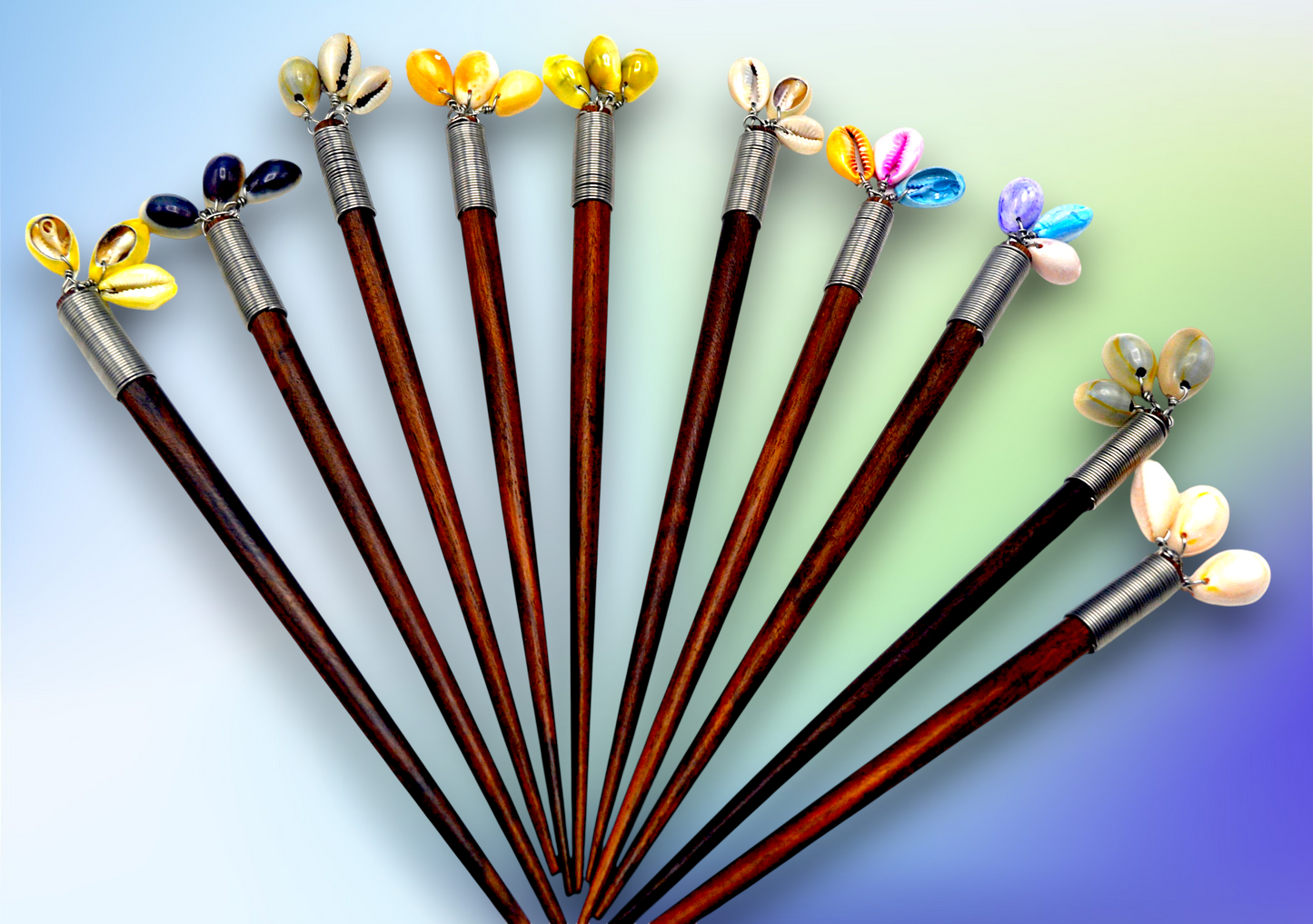 HP-104 Wooden Hair Sticks With Ringtop Cowrie Accent 7"