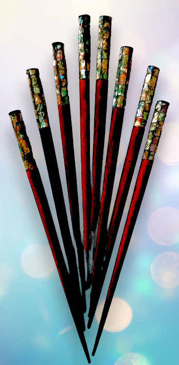 HP-109 Wooden Hair Sticks Inlaid with Green Abalone 7"
