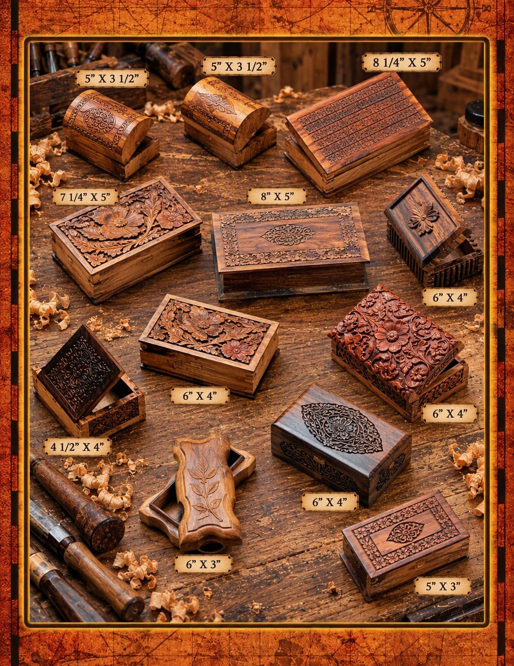 F-290 (Assorted Wooden Carved Boxes 4-8")