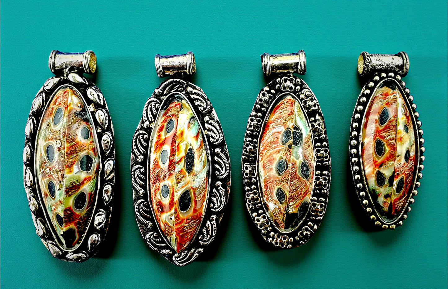#3388 Red Abalone Pendants with Silver Filigree Settings