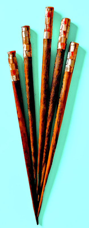 HP-112 Red Abalone Inlaid Wooden Hair Stick 7"