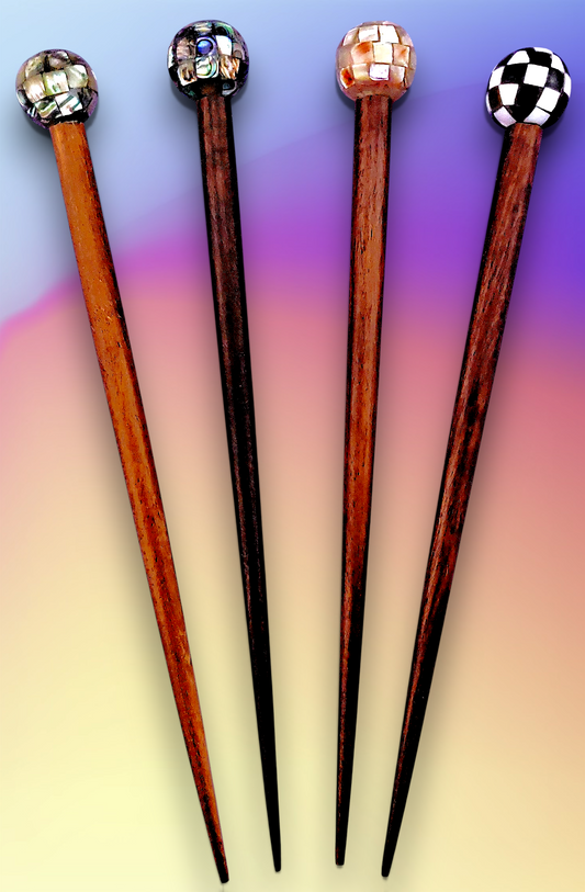 HP-15 Wooden Hair Sticks Topped With Assorted Shell Inlaid Beads 6"