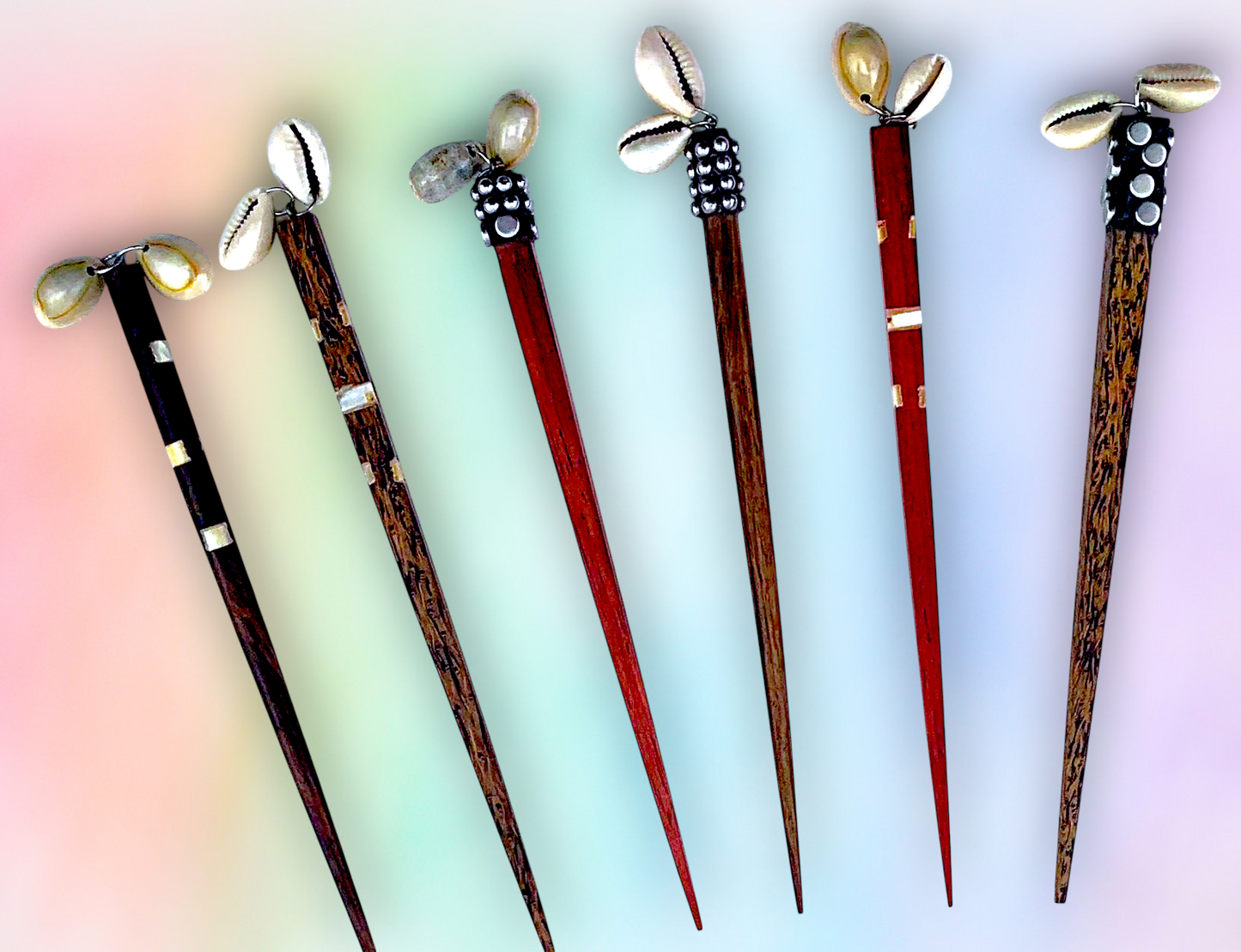 HP-64 Wooden Hair Sticks with Ringtop Cowrie Decor 7"