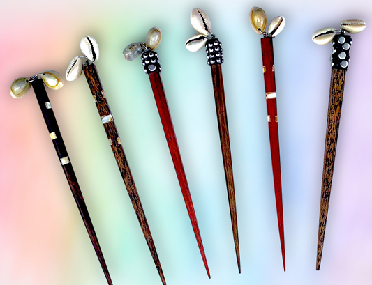 HP-64 Wooden Hair Sticks with Ringtop Cowrie Decor 7"