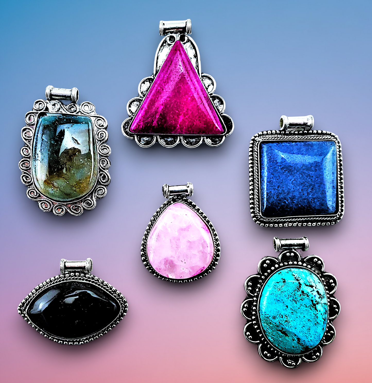 P-4 Assorted Gemstone Pendants in Ornate Silver Frames