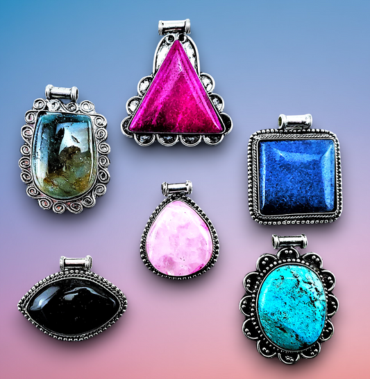 P-4 Assorted Gemstone Pendants in Ornate Silver Frames
